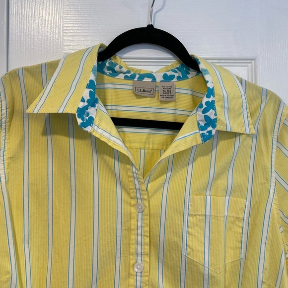 L.L. Bean Size XL Yellow Turquoise Stripe Short Sleeve Cotton Button Down Shirt - Picture 2 of 12